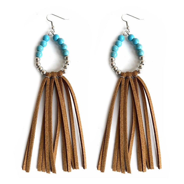 Western Style Pine Stone Bead Leather Large Long Earrings