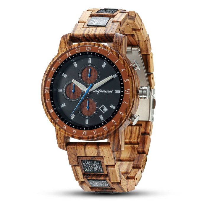 Men's Sports Multifunctional Wood Business Quartz Watch
