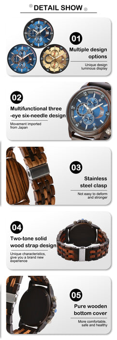New Men's Business Multifunctional Luminous Wooden Quartz Watch