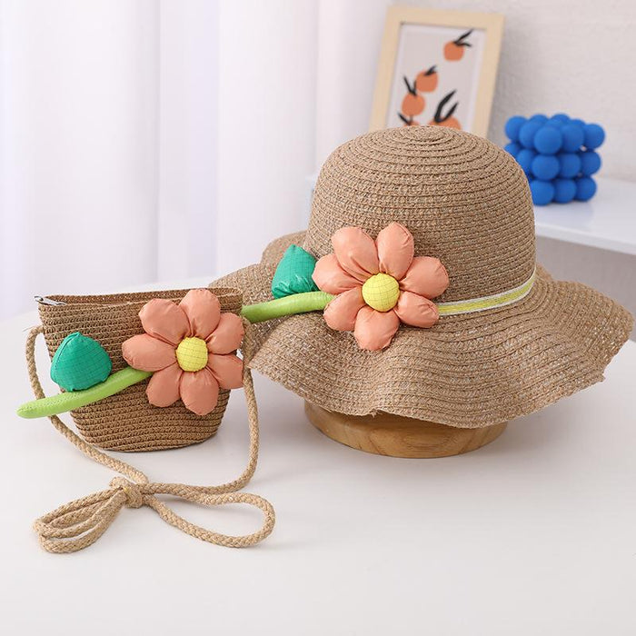 Trendy Three-dimensional Five-petal Flower Children's Wavy Straw Hat Bag Set