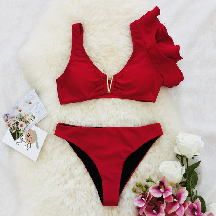 Pure Red Single Shoulder Double Ruffle Split Bikini
