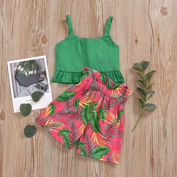 Suspender plant printed bow waist closing Shorts Set