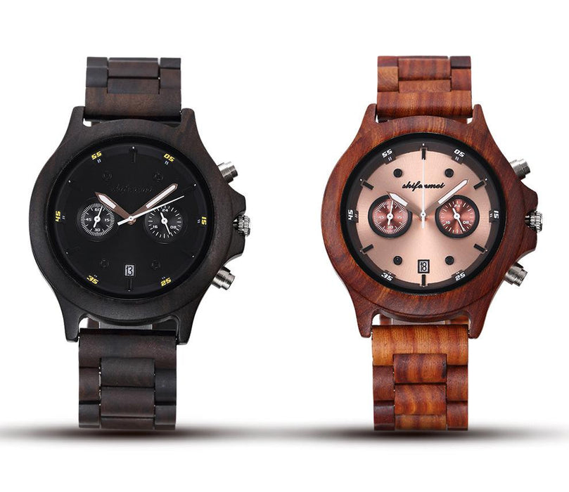 Classic Double Eye Wooden Business Quartz Watch