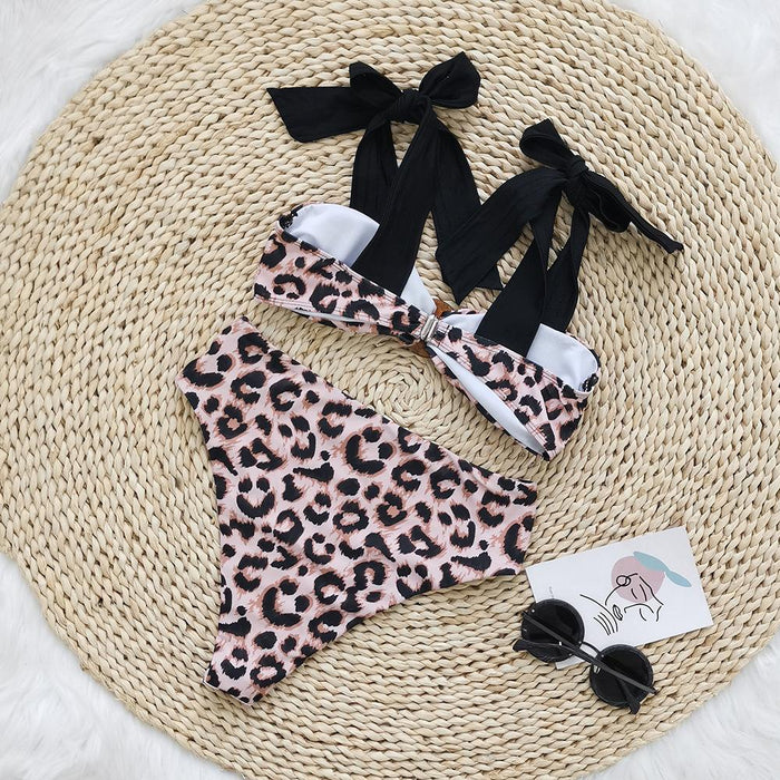 New Suspender Leopard High Waist Open Back Bra Split Bikini