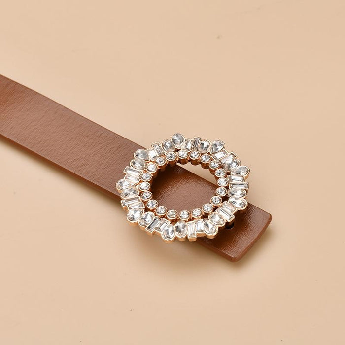 New Women's Inlaid Crystal Diamond Square Buckle Decorative Leather Belt