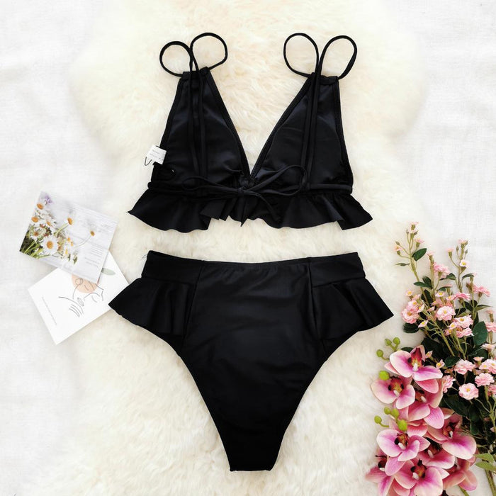 Solid Color Swimsuit Flounce Lace Split Sexy Backless High Waist Bikini