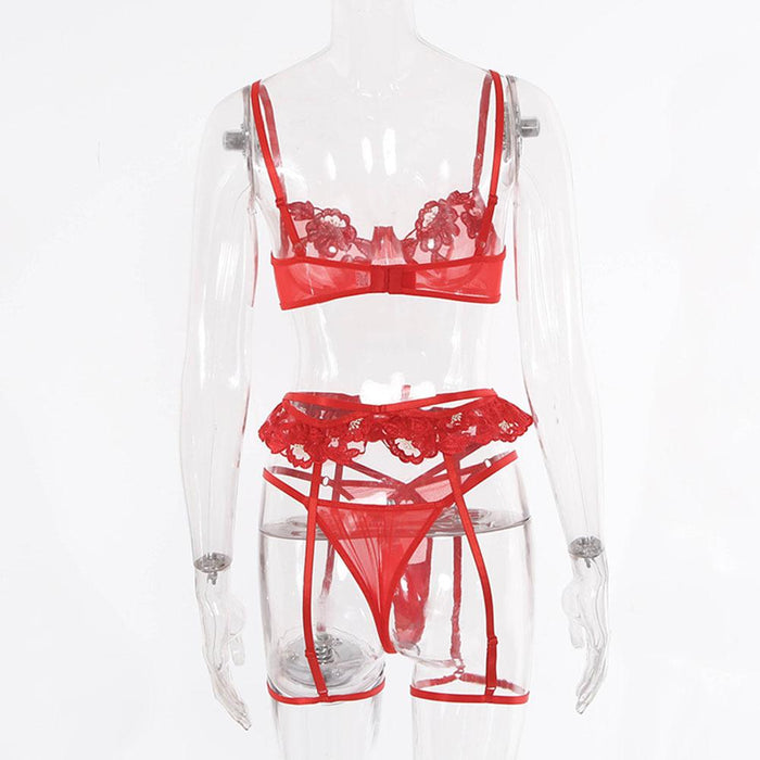 Fashion Ladies Classic Embroidered Underwear Three Piece Set