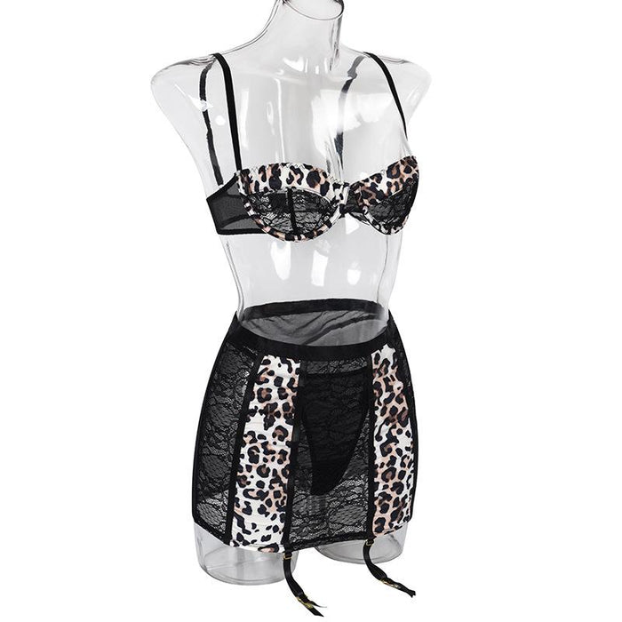 Women's Sexy Leopard Print Lace Skirt Underwear Set