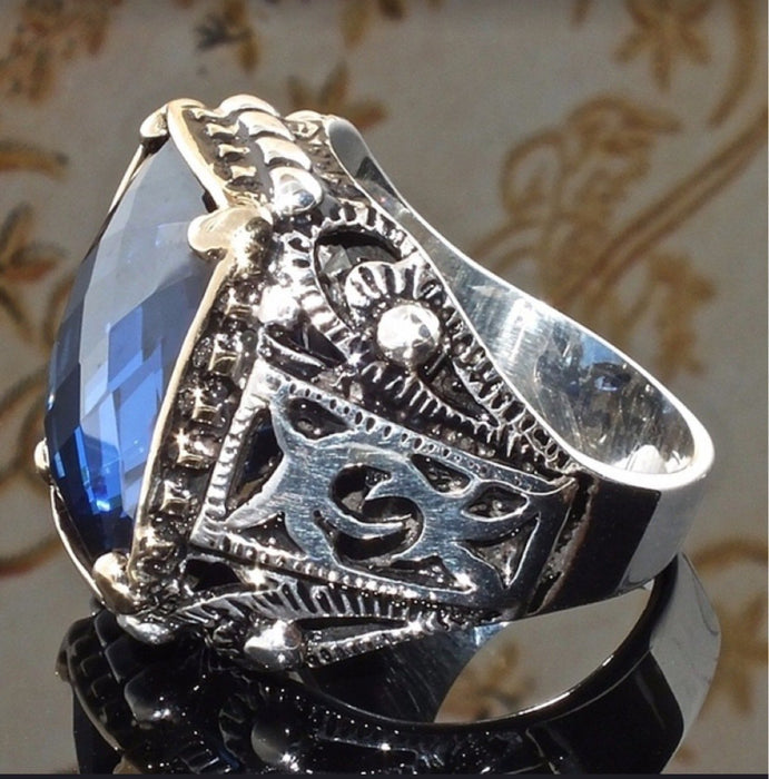 Square Carved Sapphire Crystal Ring for Men