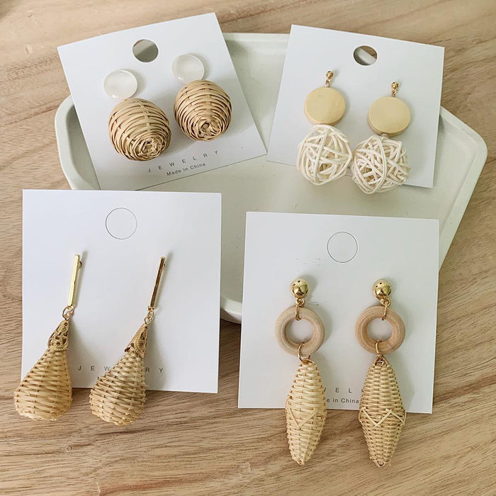 Bamboo and Rattan Hand Woven Fashion Round Earrings Women's Jewelry