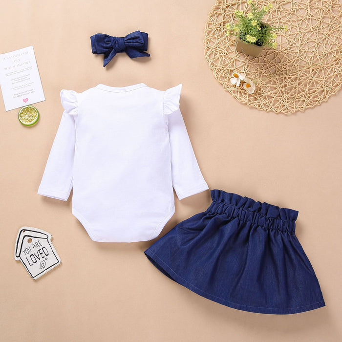 Children's Khaki long sleeve + denim skirt three piece set