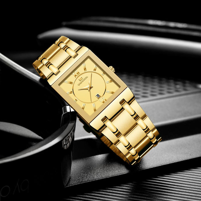 Simple Design Fashion Rectangular Black Gold Stainless Steel Calendar Waterproof Quartz Men Watches