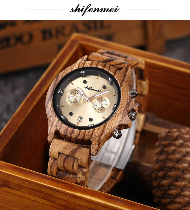 Classic Double Eye Wooden Business Quartz Watch