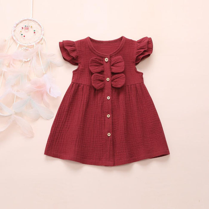 Cotton linen crepe small flying sleeve double bow stitched princess skirt