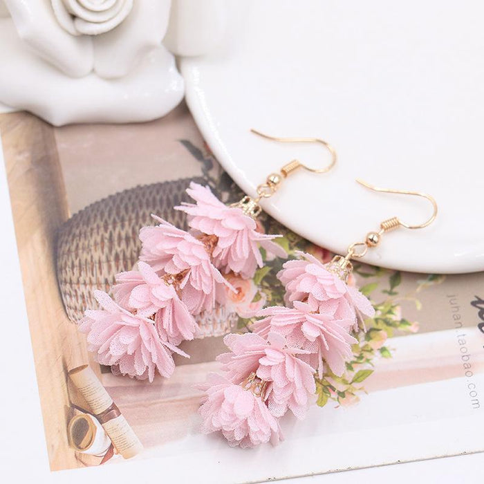 Women's Fashion Simple Fabric Flower Tassel Earrings