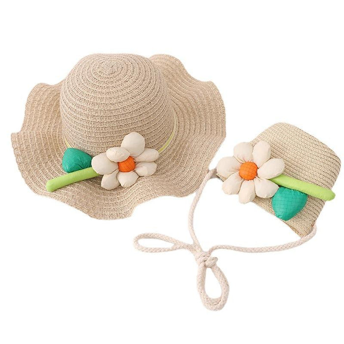 Trendy Three-dimensional Five-petal Flower Children's Wavy Straw Hat Bag Set
