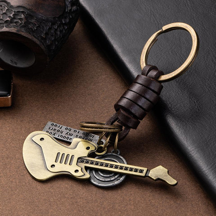 Vintage guitar leather metal key chain creative small gift hand woven car key chain pendant