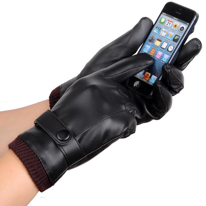 Black Winter Mittens Keep Warm Touch Screen Windproof Driving Leather Gloves