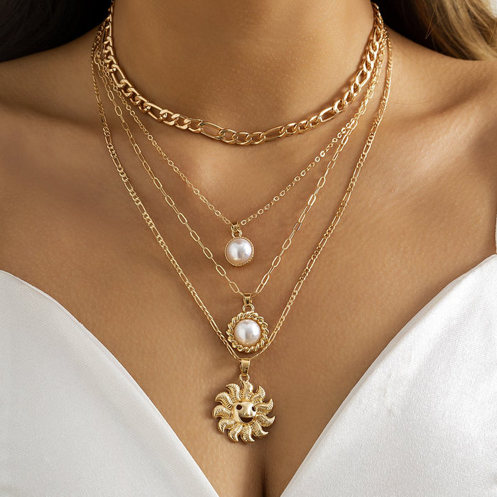 Mix and match multi-element temperament sunflower Pearl Pendant Necklace