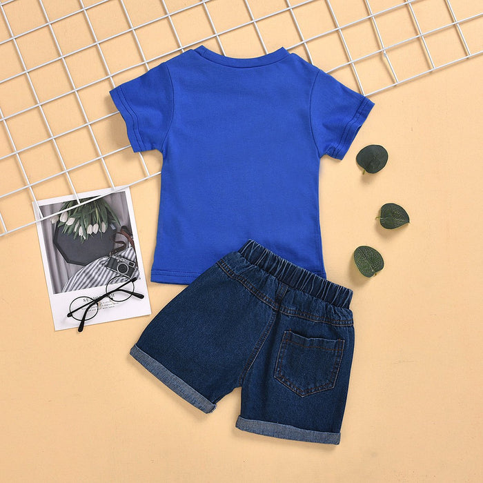 Boys' short sleeved denim hole shorts two-piece set