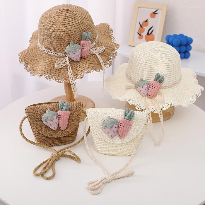 Cute Strawberry Radish Children's Wavy Straw Hat Bag Set