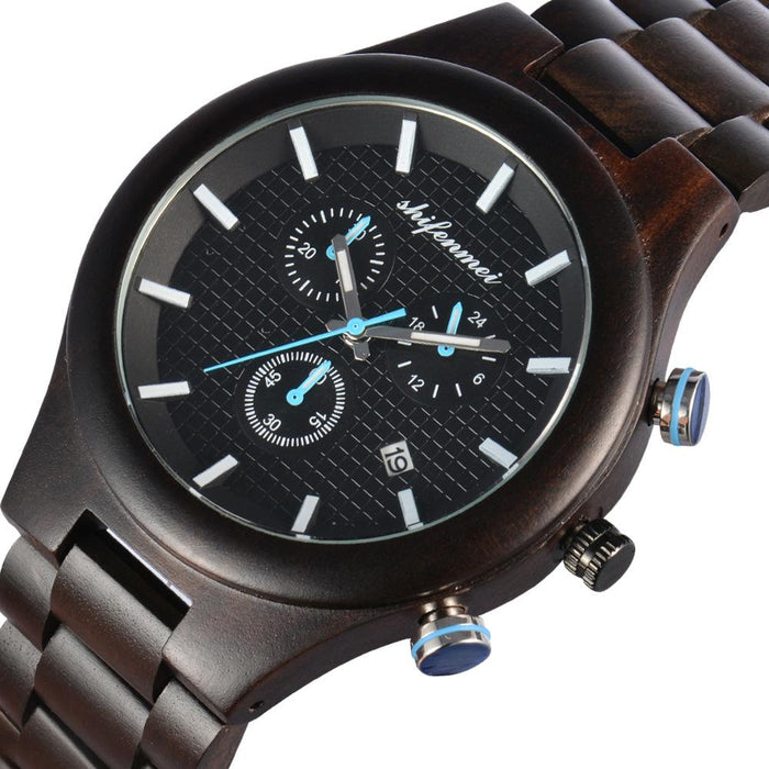Classic Fashion Multifunctional Waterproof Three Eye Wooden Quartz Watch