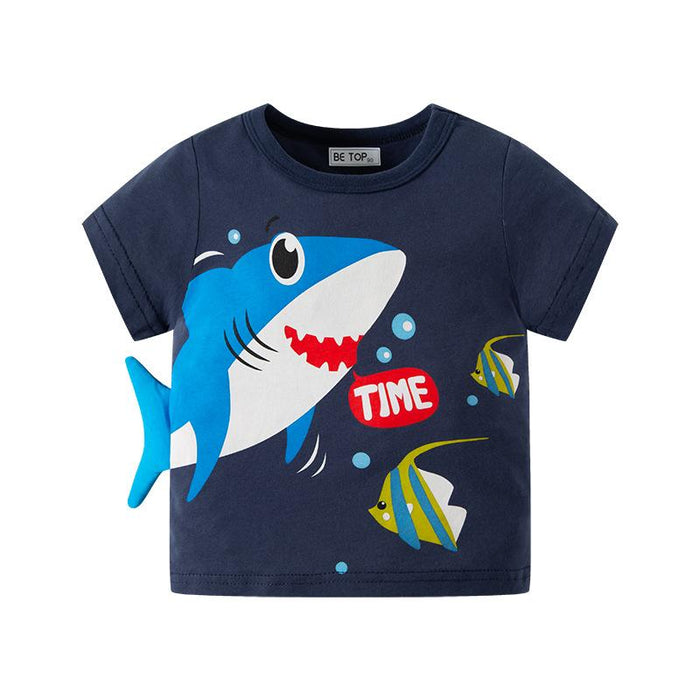 Children's short sleeve cartoon three-dimensional shark Top Boys' cotton T-shirt