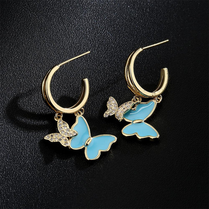 Light Luxury Oil Drop Gold Color Zircon Butterfly Earrings