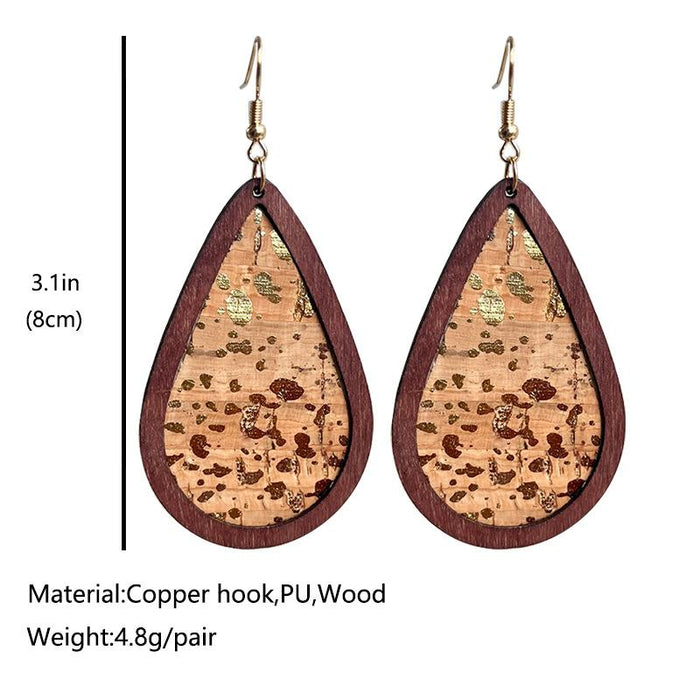 Leather Bark Grain Wood Frame Water Drop Earrings