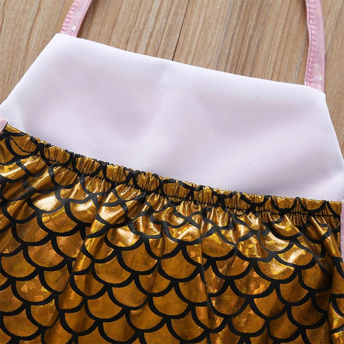 Girls Lovely Mermaid Suspender One-piece Swimsuit Set
