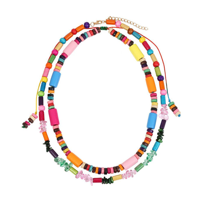 Hand Woven Double-layer Colored Wooden Bead Necklace