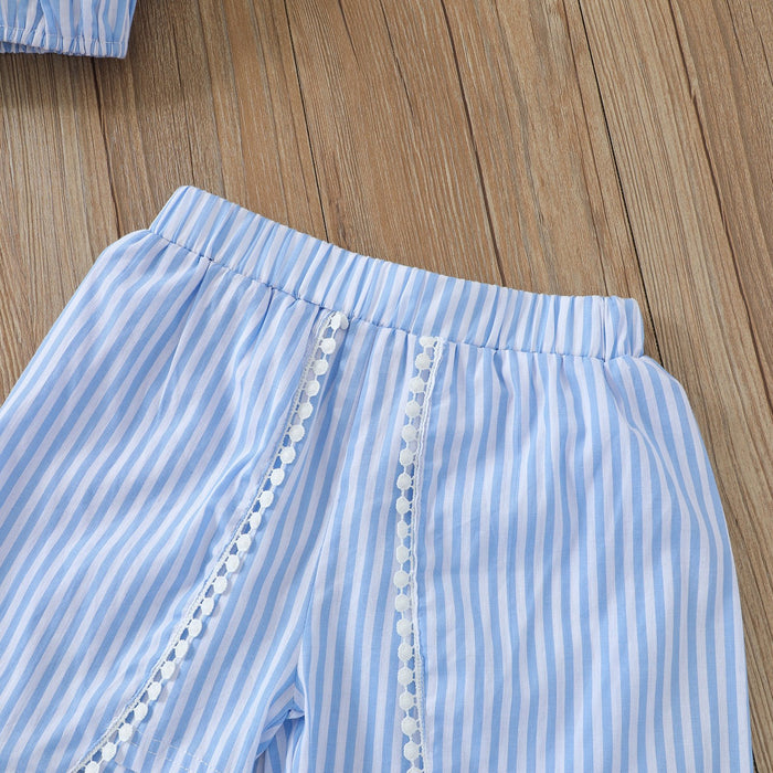 Suspender sky blue double layer tassel ball top striped skirt pants