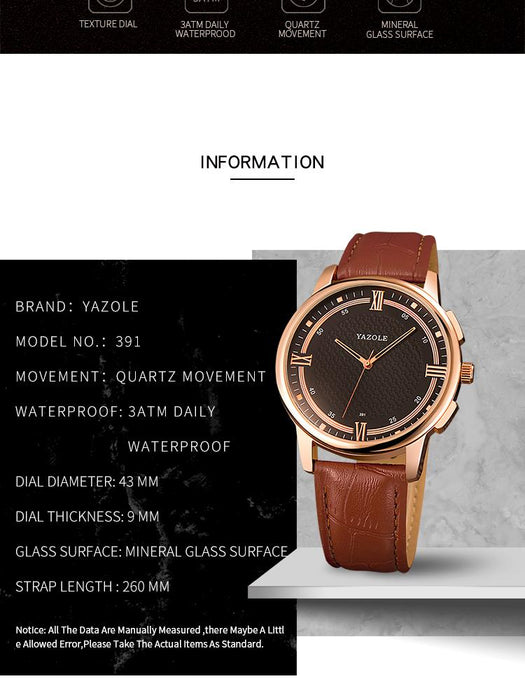 YAZOLE Brand Men's Watches Fashion Waterproof Quartz Watches