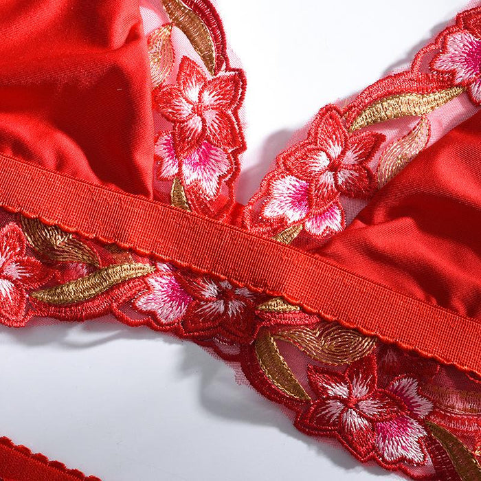 Women's Mesh Lace Underwear Embroidered Red Lingerie Set