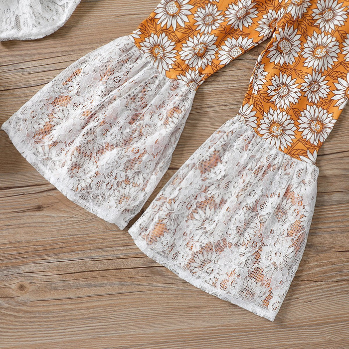 White trumpet sleeve top sunflower flared pants pants two pieces