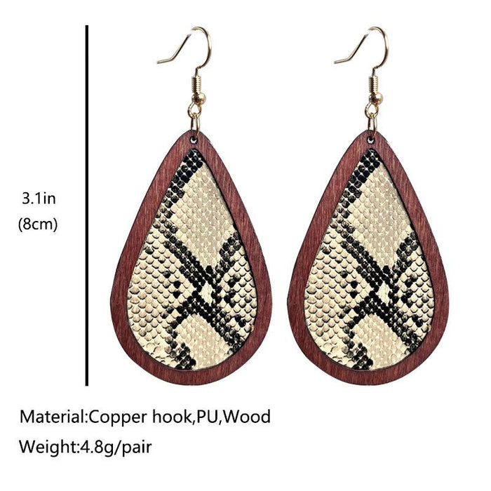 Water Drop Snake Skin Pattern Leather Wood Frame Earrings