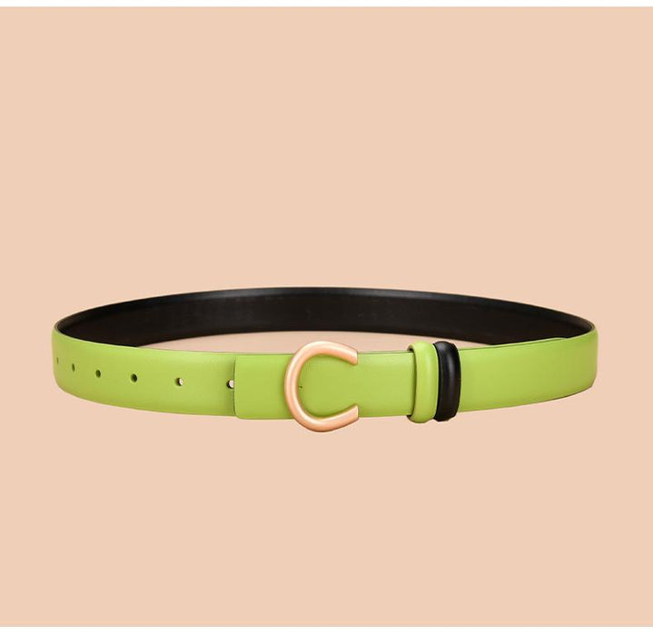 Women's leather belt can be worn on both sides with inner buckle and simple thin belt
