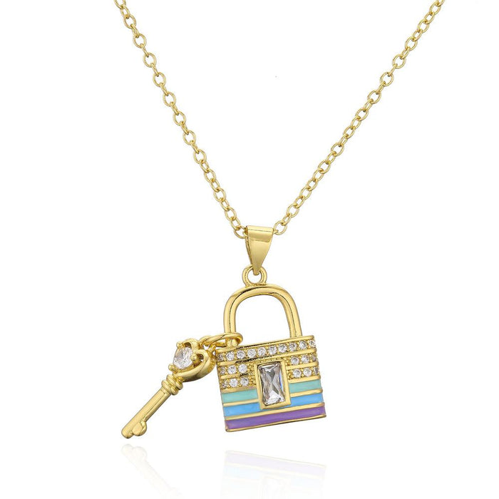 Drip Oil Zircon Key Lock Pendant Gold Color Necklace