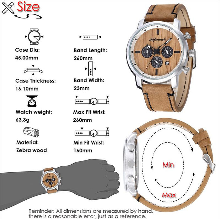 New Multifunctional Timing Fashion Sports Quartz Wood Watch Men