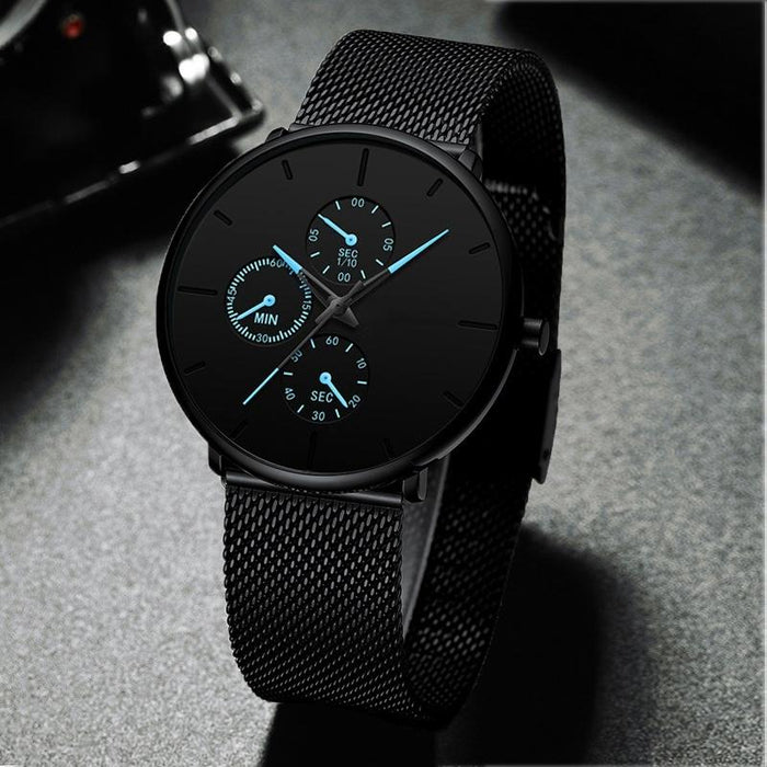 Men Mesh Band Steel Classic 3 Eyes Wristwatches