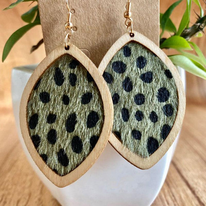 Vintage Western Leopard Leather Wood Women's Earrings