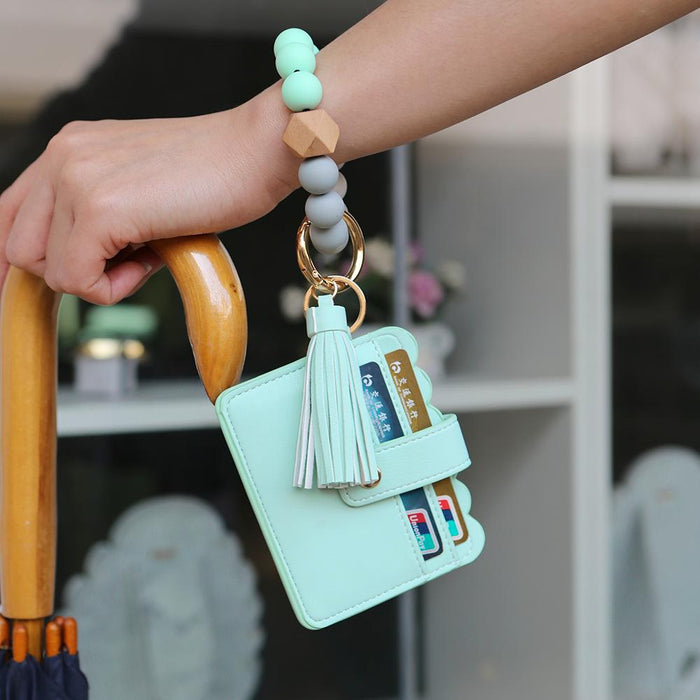 Silicone Leather PU Tassel Card Bag Bracelet Keychain