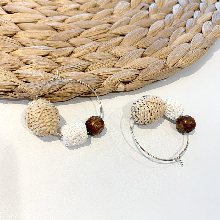 Contrast colour Retro Wood Bead Stone Rattan Earrings