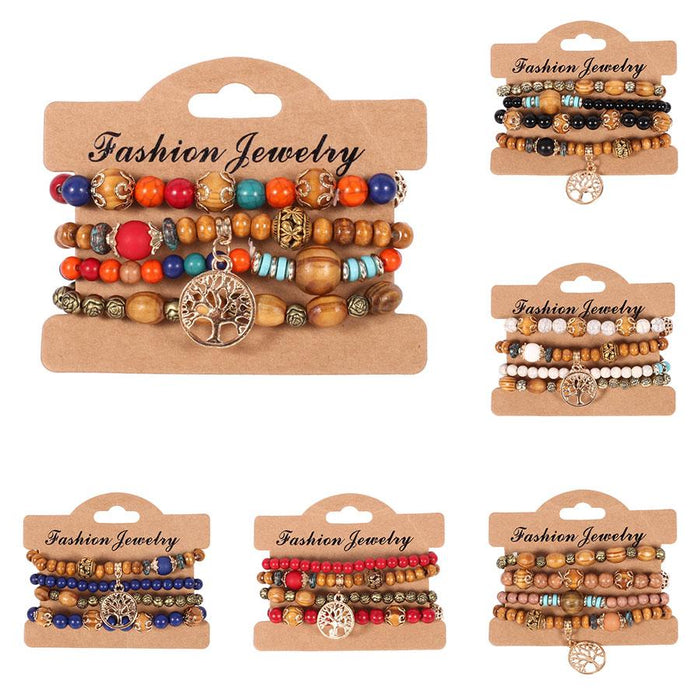 Handmade Bohemia Wood Beads Chain Bracelet Set