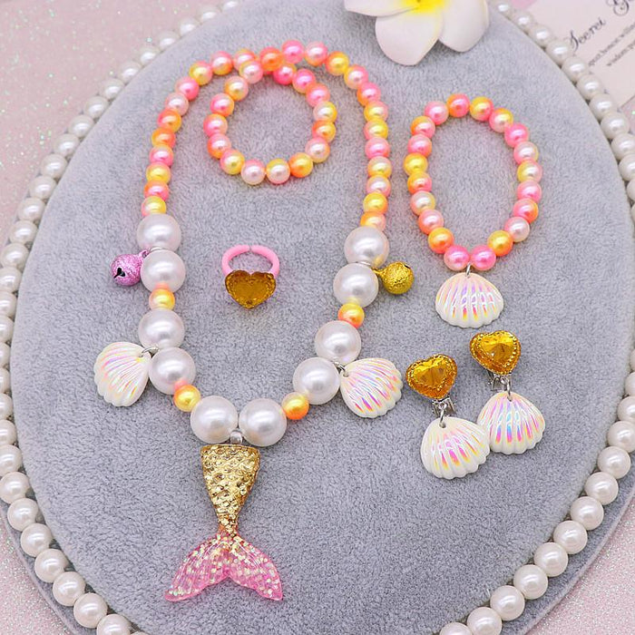 Children's Beauty Fishtail Pearl Necklace Bracelet Ring Earring Set