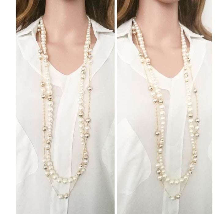 Women's Simple Pearl Necklace Tassel Sweater Chain Necklace