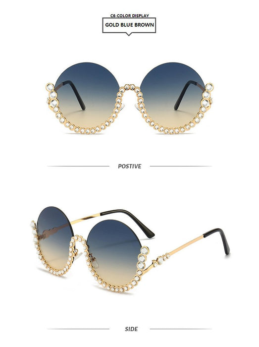 Round half frame metal Rhinestone Sunglasses