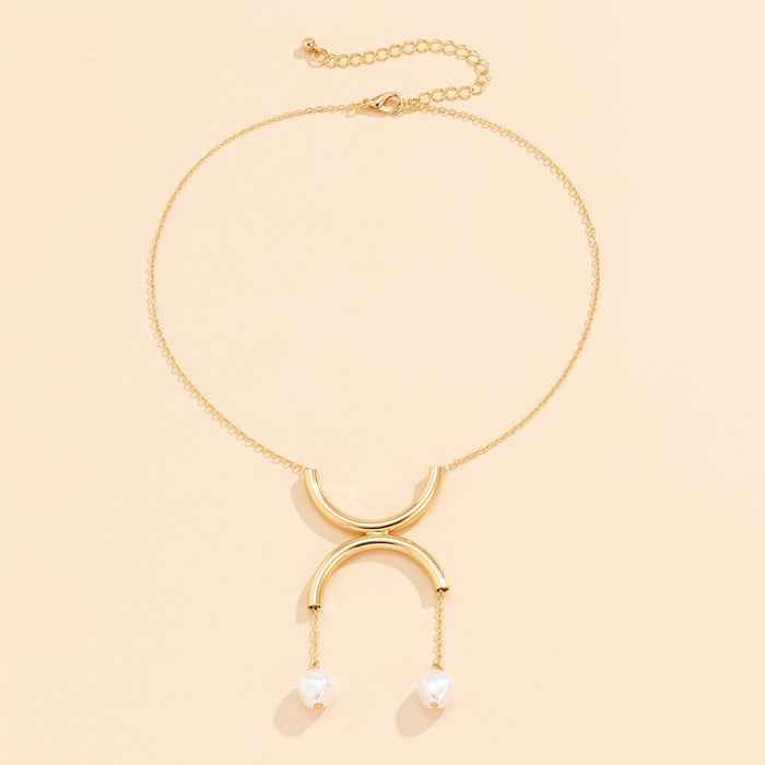 Geometric Semicircle Double Ring Imitation Pearl Tassel Pendant Clavicle Chain