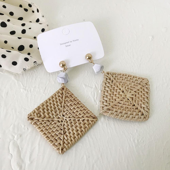 Vintage Exaggerated Geometric Square Rattan Woven Holiday Style Earrings Jewelry
