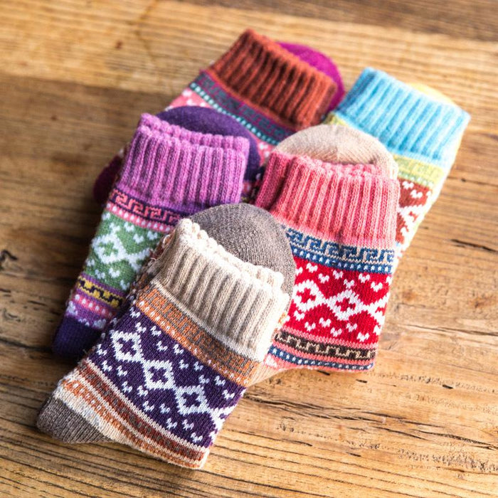 5 Pairs Winter Thick Warm Wool Women Cross Flower Socks